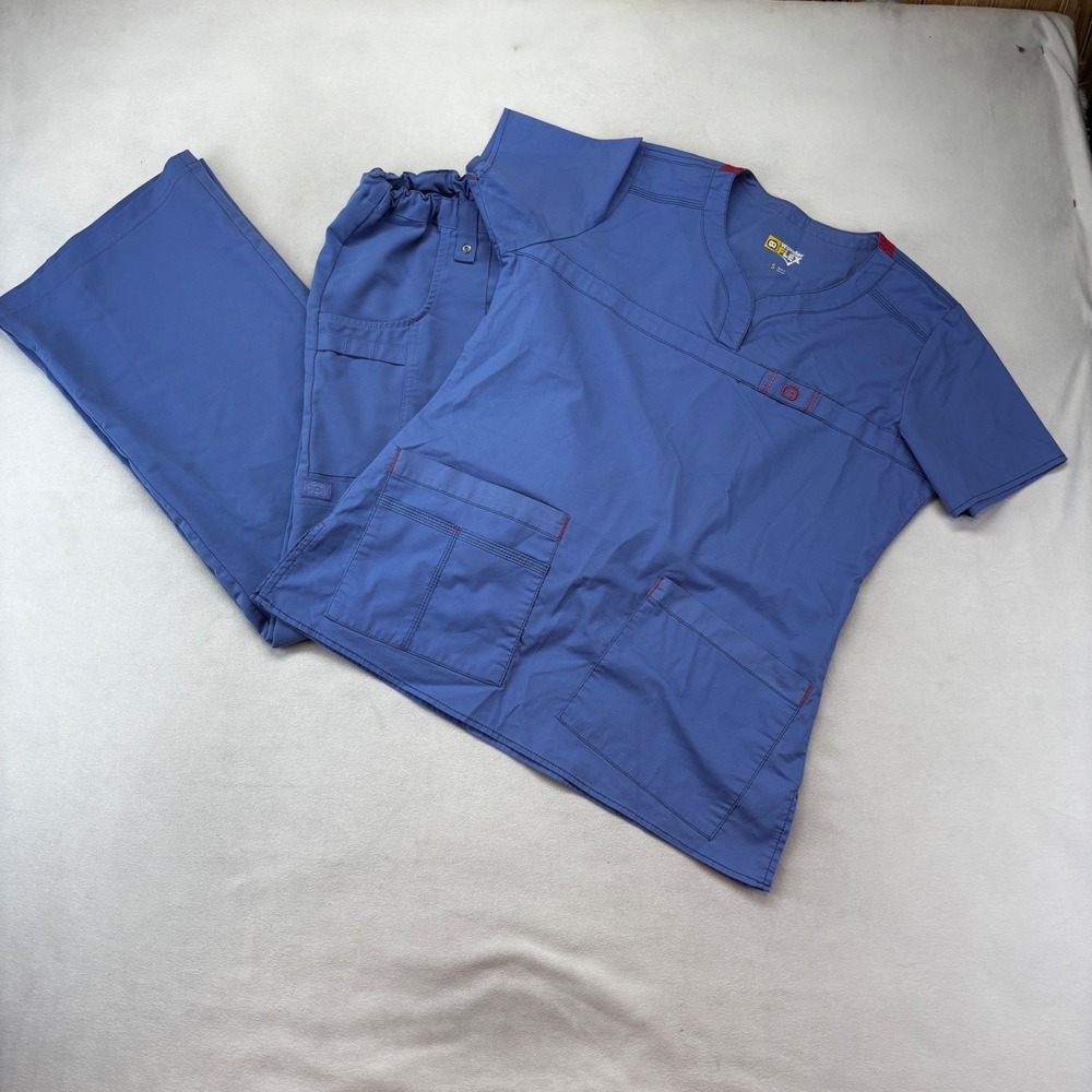 WonderWink WonderFlex Scrub Top, Dickies Bottoms Womens Small Petite Blue Cargo